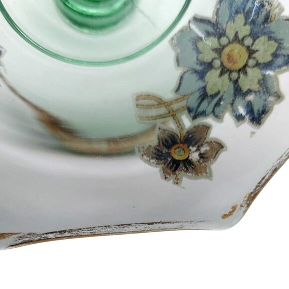 Vintage Green Glass Bon Bon Candy Dish With Floral Design & Gold Trim - Picture 5 of 6